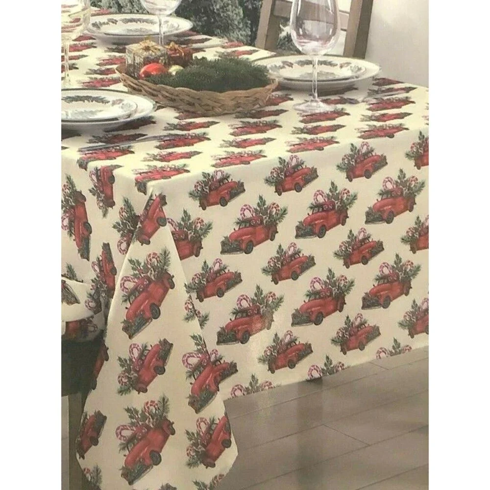 Christmas Fabric Tablecloth Vintage Red Farm Truck Country 60x84